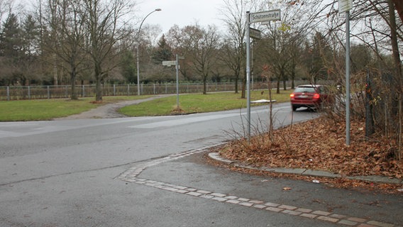 Auf der Straße gegenüber vom Friedhof Pankow ist mittels Kopfsteinpflastersteinen der Verlauf der Berliner Mauer eingezeichnet. © NDR Foto: Daniel Sprenger