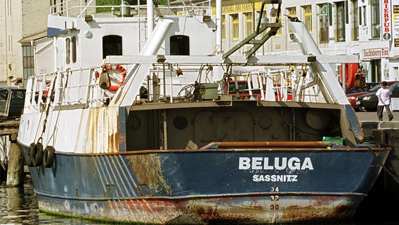 Im Sassnitzer Stadthafen liegt am 24.07.2000 der aus der Ostsee geborgene Fischkutter "Beluga". © picture-alliance / ZB Foto: Stefan Sauer