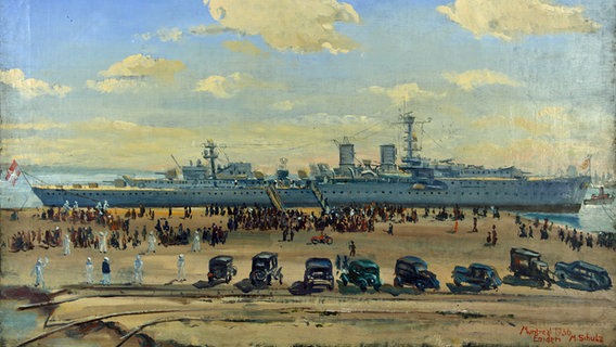 Ein zeitgenössisches Gemälde zeigt den Kreuzer "Emden" im Hafen von Montreal aus dem Jahr 1936. In vielen Hafenstädten war die Ankunft der "Emden" ein großes Ereignis, das oft große Aufmerksamkeit erregte. © Deutsches Marinemuseum Wilhelmshaven 