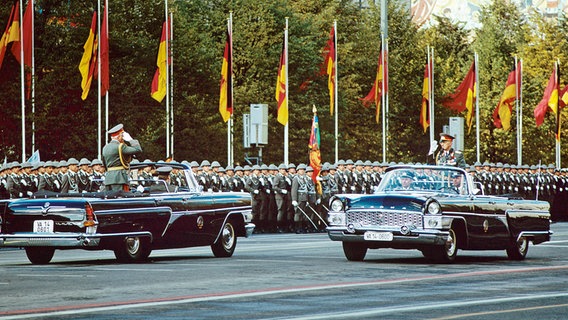 Zwei offene Staatskarossen vom Typ "Tschaika" (zu deutsch Möwe, handverlesene UdSSR-Produktion) stehen sich am 07.10.1983 - dem 34. Jahrestag der DDR - auf der Berliner Karl-Marx-Allee gegenüber. Generalmajor und DDR-Innenminister Friedrich Dickel (r,) meldet dem Verteidigungsminister der DDR, Armeegeneral Heinz Hoffmann, die Bereitschaft der angetretenen Truppen zur Eröffnung der Militärparade anlässlich des Nationalfeiertages. © picture-alliance/ ZB Foto: Hans Wiedl