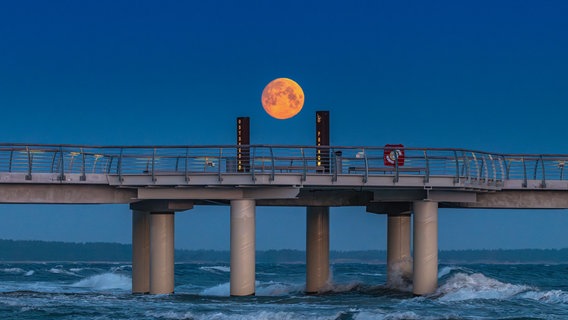 Seebrücke von Prerow mit dem Mond im Hintergrund. © NDR Foto: Klaus Haase aus dem Ostseebad Prerow