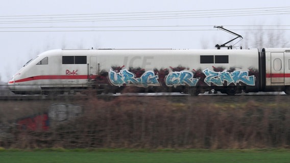 Ein mit Graffiti beschmutzter ICE-Zug fährt an der Strecke. © dpa-Bildfunk Foto: Holger Hollemann/dpa