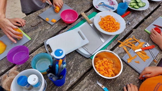 Kinder schneiden Gemüse im Projektgarten in Hunden in Niedersachsen. © Grundschule Binnenmarsch 