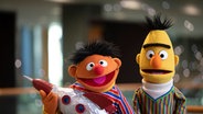 Ernie und Bert von der Sesamstraße mit einer selbst gebastelten Rakete in der Hand © Sesame Workshop 2023 Foto: Hanna Boussouar