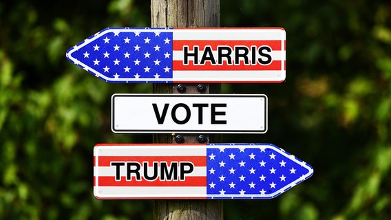 Wegweiser Harris und Trump, (Symbolfoto US-Präsidentschaftswahl) © picture alliance / CHROMORANGE Foto: Christian Ohde