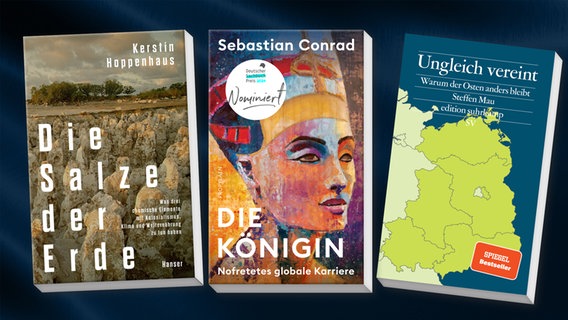 Die Cover der Shortlist-Bücher für den NDR Sachbuchpreis 2024. © Hanser / Propylaen / Suhrkamp 