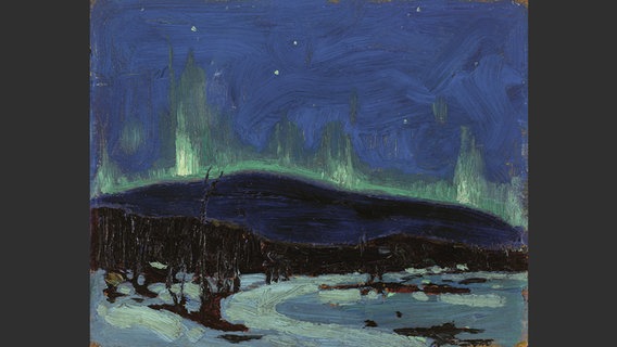 Abbildung aus dem Bildband "Nordlichter": Ein Gemälde einer Waldlandschaft mit Polarlichtern im Hintergrund © National Gallery of Canada 