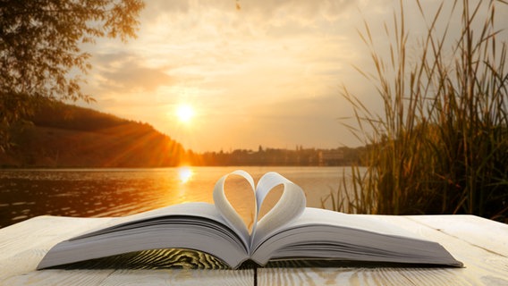 Ein aufgeschlagenes Buch liegt auf einem Steg am See beim Sonnenuntergang. © fotolia Foto: Roman Motizov