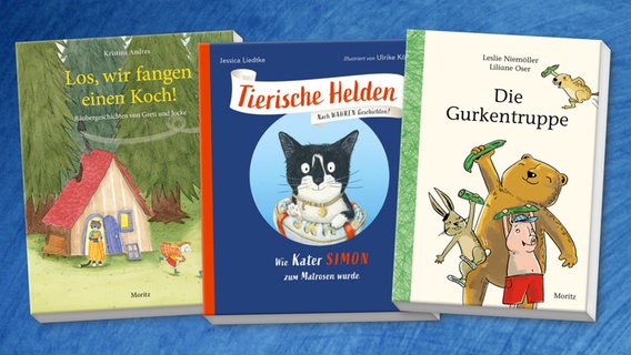 Cover Die Gurkentruppe von Leslie Niemöller und Liliane Oser, „Los, wir fangen einen Koch“ von Kristina Anders, Aus der Reihe „Tierische Helden“: Wie Kater Simon zum Matrosen wurde“ von Jessica Liedtke illustriert von Ulrike König © Moritz, Moritz, Woow Books 