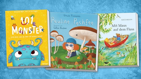 Collage der Buchcover: "Mit Maus auf dem Fluss", "Pauline Pechfee" und "101 Monster" © Antje Kunstmann Verlag / Loewe Verlag / Oetinger Verlag 