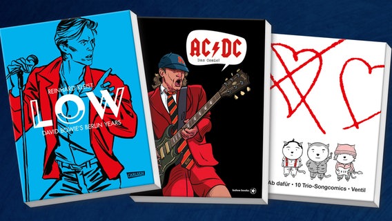 Collage der Buchcover: "AC/DC - Das Comic!", "Ab dafür - 10 Trio-Songcomics" und "Low" von Reinhard Kleist © Bahoe Books / Ventil Verlag / Carlsen Verlag 