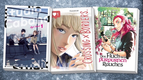 Cover: -Agri Uma, "Studio Cabana",  Racami, "Der Fluch des purpurnen Rauches", Dominik Jell "Crossing x Borders." © crunchyrol, altravers, Carlsen Manga 