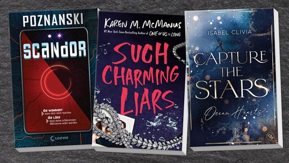 Buchcover: Ursula Poznanski, "Scandor", Karen M. McManus, "Such Charming Liars", Isabel Clivia, "Capture the Stars" © Löwe,  cpj 