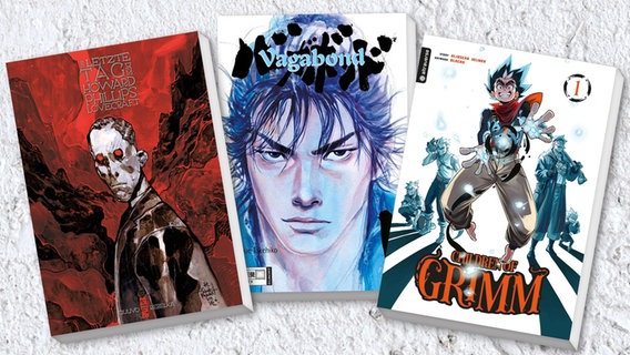 Cover: Romuald Giulivo, "Der letzte Tag des Howard Philipps Lovecraft",  Takehiko Inoue, "Vagabond", Aljoscha Jelinek "Children of Grimm" © Splitter, Egmont Manga, Altraverse 