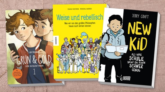 Cover Jerry Craft, "New Kid - Als wäre Schule nicht eh schon schwer genug",  Lisa Brenner Grün & Gold – Liebe in allen Farben 1, Chiara Pastorini, "Weise und rebellisch, Was wir von den großen Philosophen heute noch lernen können" © Loewe, dtv, Knesebeck-Verlag 