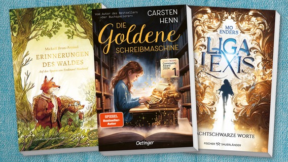 Cover:   Carsten Henn, "Die Goldene Schreibmaschine", Mickael Brun-Arnaud, "Erinnerungen des Waldes / Auf den Spuren von Ferdinand Maulwurf", Mo Enders, " Bookford Manor: Liga Lexis – Nachtschwarze Worte" © Oettinger, Woow Books, Fischer/Sauerländer Verlag 