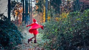 Ein rotes Menschlein mit spitzem roten Hut, grünroter Ringelstrumpfhose tanzt durch einen Wald, das Laub leuchtet gelb im Hintergrund, die Sträucher saumen den Weg in satten Grüntönen, zwischen zwei kahlen Fichten ist schemenhaft ein Hochsitz zu erkennen © x 