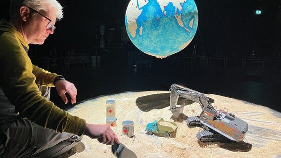 Ein Mann sitzt auf Sand und spielt mit einer Schaufel darin, über ihm hängt eine Weltkugel, im Sand steht ein Bagger und es liegen dort verschiedene Gegenstände. © Fundus Theater Foto: Sibylle Peters