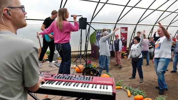 Die Band Norma spielt vor einem tanzenden Publikum in einem Gewächshaus. © NDR Foto: Cornelius Kob