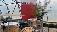 Ein Schlagzeug steht vor einem Banner von NDR Kultur und einer Topfplanze. © NDR Foto: Tom Holste