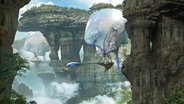 Eine Filmszene aus "Avatar 3": Fliegende Wesen zwischen riesigen schwebenden Felsen mit Begrünung auf dem Planeten Pandora © Concept art by Dylan Cole. ©2024 20th Century Studios. All Rights Reserved. Foto: Concept art by Dylan Cole