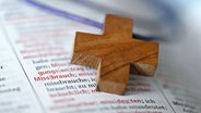 Ein Holzkreuz auf dem Wort Missbrauch in einem Duden. © IMAGO / epd 