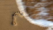 Ein Fußabdruck am Strand wird von einer Welle überspült © picture alliance / photothek Foto: Thomas Trutschel