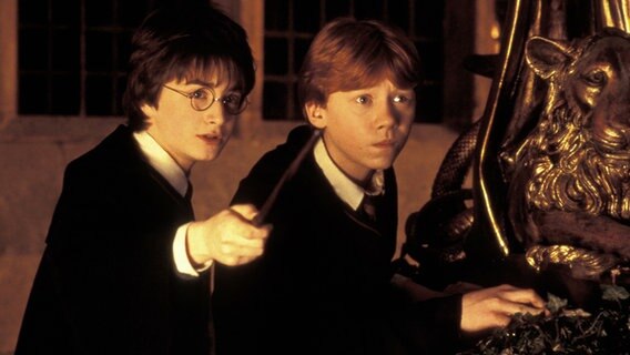 Harry Potter (Daniel Radcliffe) und Ron Weasley (Rupert Grint) in "Harry Potter und die Kammer des Schreckens" (2002) © picture alliance/United Archives 