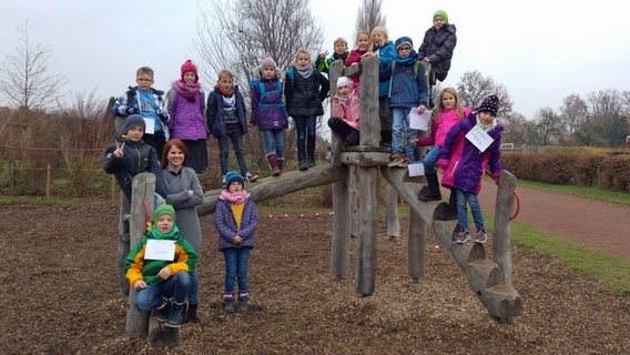 Klasse 3a, Grundschule Timmerlah in Braunschweig, posiert auf einem Klettergerüst. © NDR Foto: Jantje Fischhold