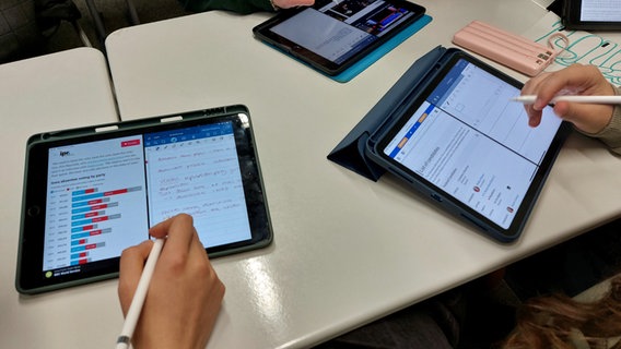 Drei Tabletts liegen auf einem Tisch in einer Schule, darüber sieht man Hände von Schülern mit Stiften in der Hand. © NDR Foto: Katrin Schwier