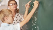 Ein Junge und eine Lehrerin rechnen an einer Tafel. © fotolia.com Foto: gpointstudio