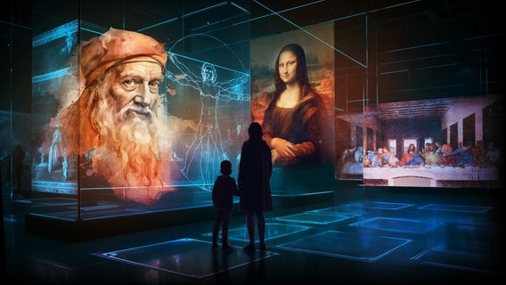 Zwei Personen stehen vor Darstellungen von Gemälden von Leonardo da Vinci in einer immersiven Ausstellung © Lichthalle MAAG 