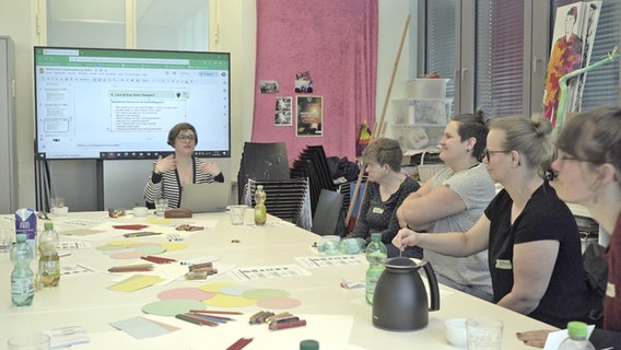 Mehrere Frauen sitzen um einen Tisch mit Arbeitsmaterialien. Im Hintergrund ist ein großer Bildschirm zu sehen. © Kunsthalle Bremen 