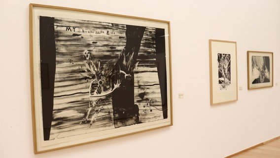 Eine Ausstellungsansicht mit einer Lithografie von David Lynch im Vordergrund. © Horst Janssen Museum Oldenburg 