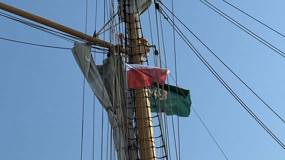 Die NDR Kultur Flagge weht am Mast des Schiffes. © NDR Foto: Tom Holste