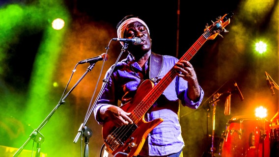 Der Bassist Richard Bona spielt auf einer bunt beleuchteten Bühne Bass und singt in ein Mikrofon. © picture alliance / Godong Foto: Philippe Lissac