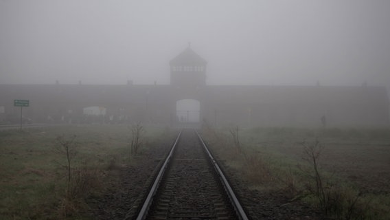 Blick auf den Eingang des Konzentrationslagers Auschwitz-Birkenau im Nebel © picture alliance / zb | Fritz Schuhmann Foto: Fritz Schuhmann