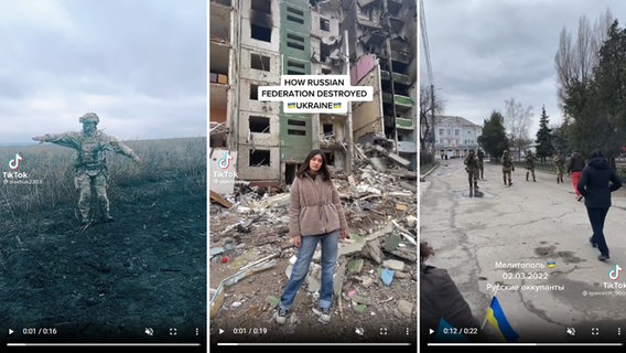 Collage aus drei TikTok-Screenshots: ein tanzender Soldat; eine junge Frau, die vor einem zerbombten Mehrfamilienhaus steht; Menschen, die auf ein paar Soldaten zugehen © @alexhook2303, @valerissh, @igorevich_9008 