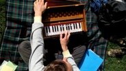 Musiker mit Harmonium beim Picknick © NDR Foto: Andrea Schwyzer