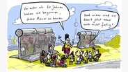 Eine Karikatur zeigt eine Gruppe Studenten vor den Überresten der Berliner Mauer. © Kittihawk 