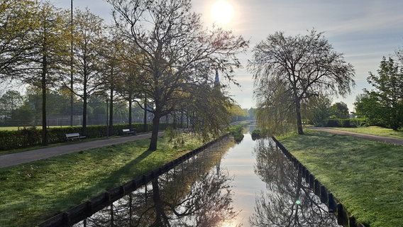 Die Königswiesen in Schleswig, die Landschaft spiegelt sich im Kanal. © NDR Foto: Sabine Thieme