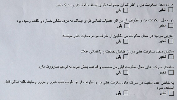 Fragebogen der Hauptstelle für Befragungswesen, den afghanische Asylbewerber ausfüllen sollen © NDR Foto: Niklas Schenck