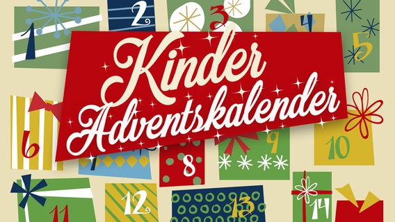 Ein rotes Schild mit „Kinder-Adventskalender“ umgeben von bunt gestalteten Türchen mit Zahlen und weihnachtlichen Motiven auf beigem Hintergrund. © NDR 