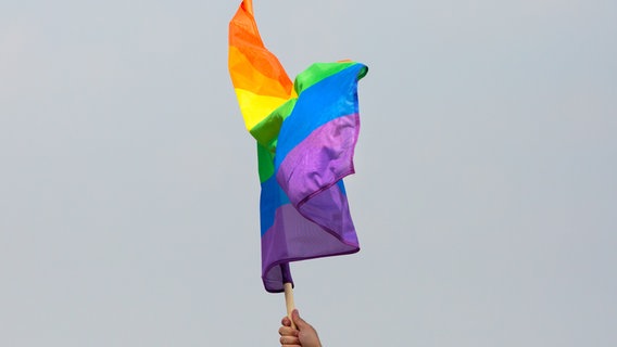 Ein Arm, der eine Fahne mit Regenbogenmuster hält. © photocase / birdys Foto: birdys