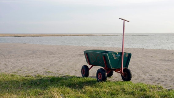 Ein Bollerwagen steht auf einer Wiese am Wasser. © marteina / photocase.de Foto: marteina / photocase.de