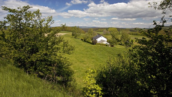 Einzelnes Haus in einer  Wald- und Wiesenlandschaft © picture alliance / blickwinkel 