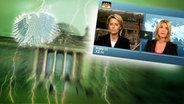 Bildmontage: Ulrike von der Leyen im Interview mit Marietta Slomka im Bundestag. Das Foto ist eingebettet im "Neulich im Bundestag"-Bild, das das Brandenburger Tor und den Bundesadler zeigt. © NDR Foto: Screenshot