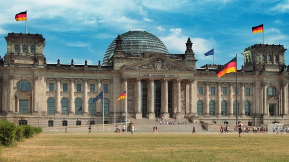 Zwei junge Menschen liegen auf der Wiese vor dem Reichstag in Berlin. © imago/Ralph Peters Foto: Ralph Peters