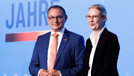 Die Bundesvorsitzenden der AfD, Tino Chrupalla und Alice Weidel, beim Bundesparteitag in der Magdeburger Messe. © Carsten Koall/dpa 