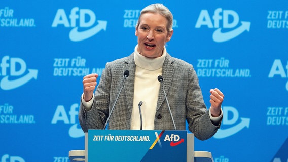 Alice Weidel, AfD-Bundesvorsitzende, steht zum Abschluss des Bundesparteitags ihrer Partei auf der Bühne. © picture alliance/dpa Foto: Sebastian Kahnert